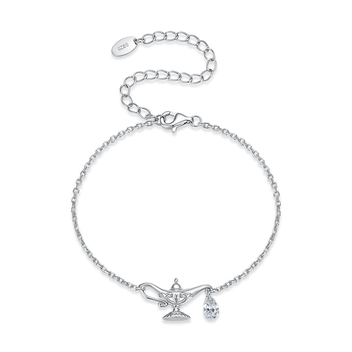 925 Sterling Silver White Gold Plated CZ Pavé 15+6cm Chain 1.0x1.7cm Pendant Bracelet for Women