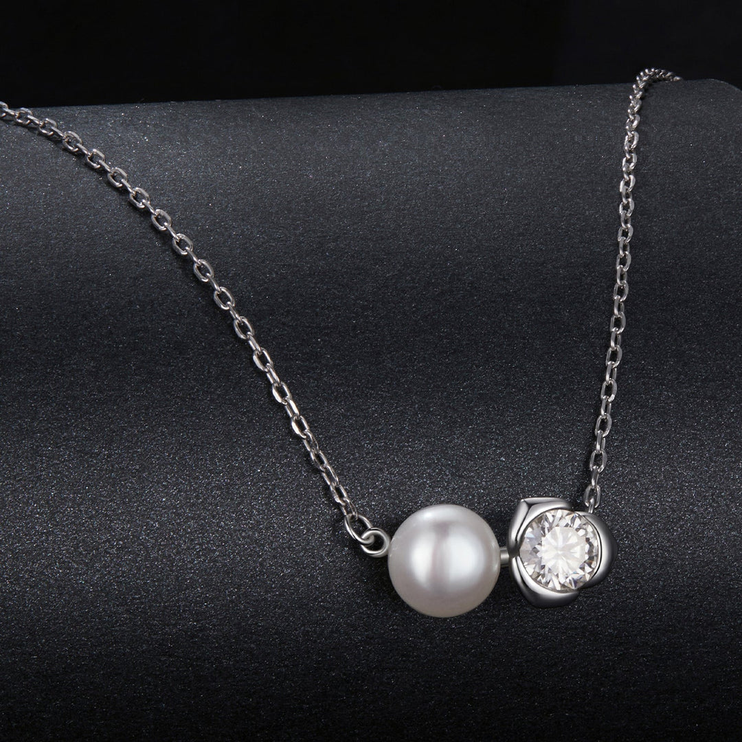 925 Sterling Silver Moissanite &amp; Freshwater Pearl White Gold Necklace 45cm for Women
