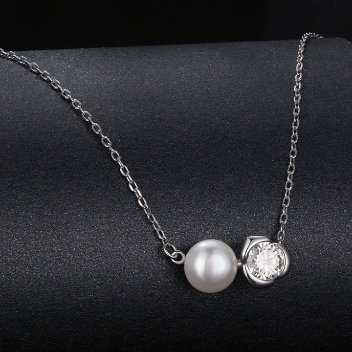 925 Sterling Silver Moissanite &amp; Freshwater Pearl White Gold Necklace 45cm for Women
