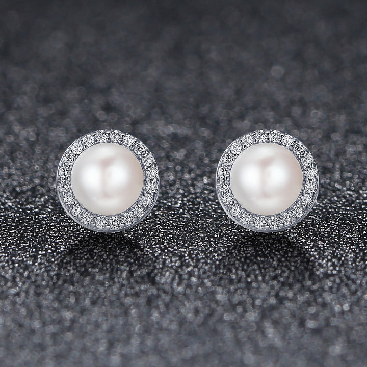 925 Sterling Silver Freshwater Pearl Earrings with CZ for Women