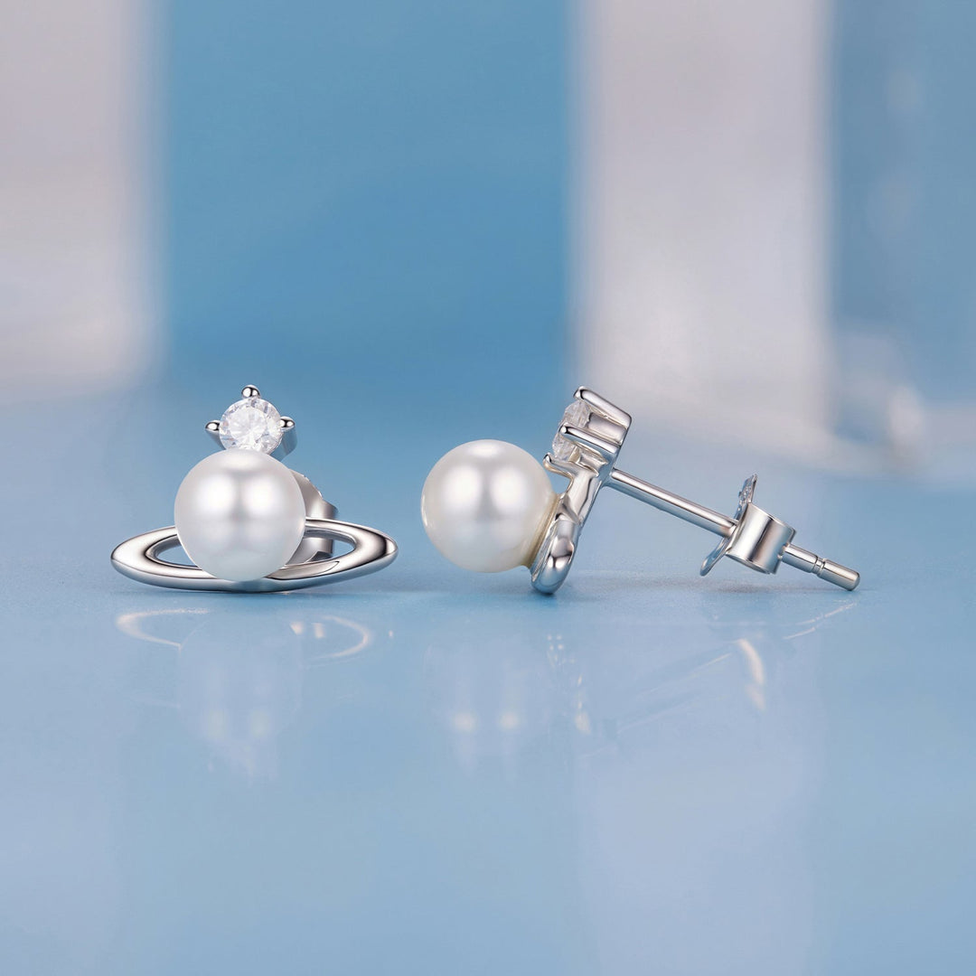 925 Sterling Silver Earrings with White Gold Plating and Shell Pearl