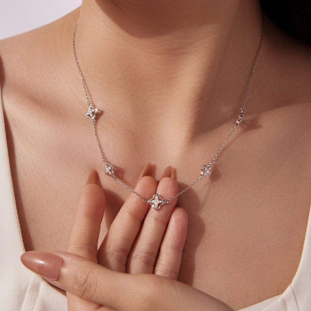 925 Sterling Silver + Moissanite Necklace with Plated White Gold - 40+5cm Length for Women