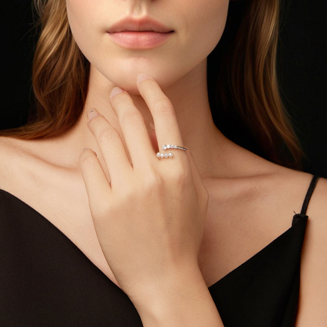 925 Sterling Silver Moissanite &amp; Freshwater Pearl Ring, White Gold Plated, Size E for Women