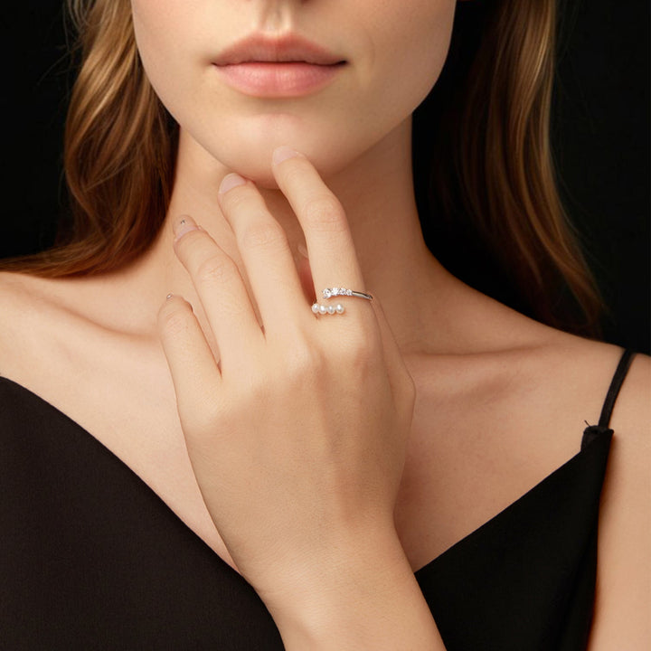 925 Sterling Silver Moissanite &amp; Freshwater Pearl Ring, White Gold Plated, Size E for Women