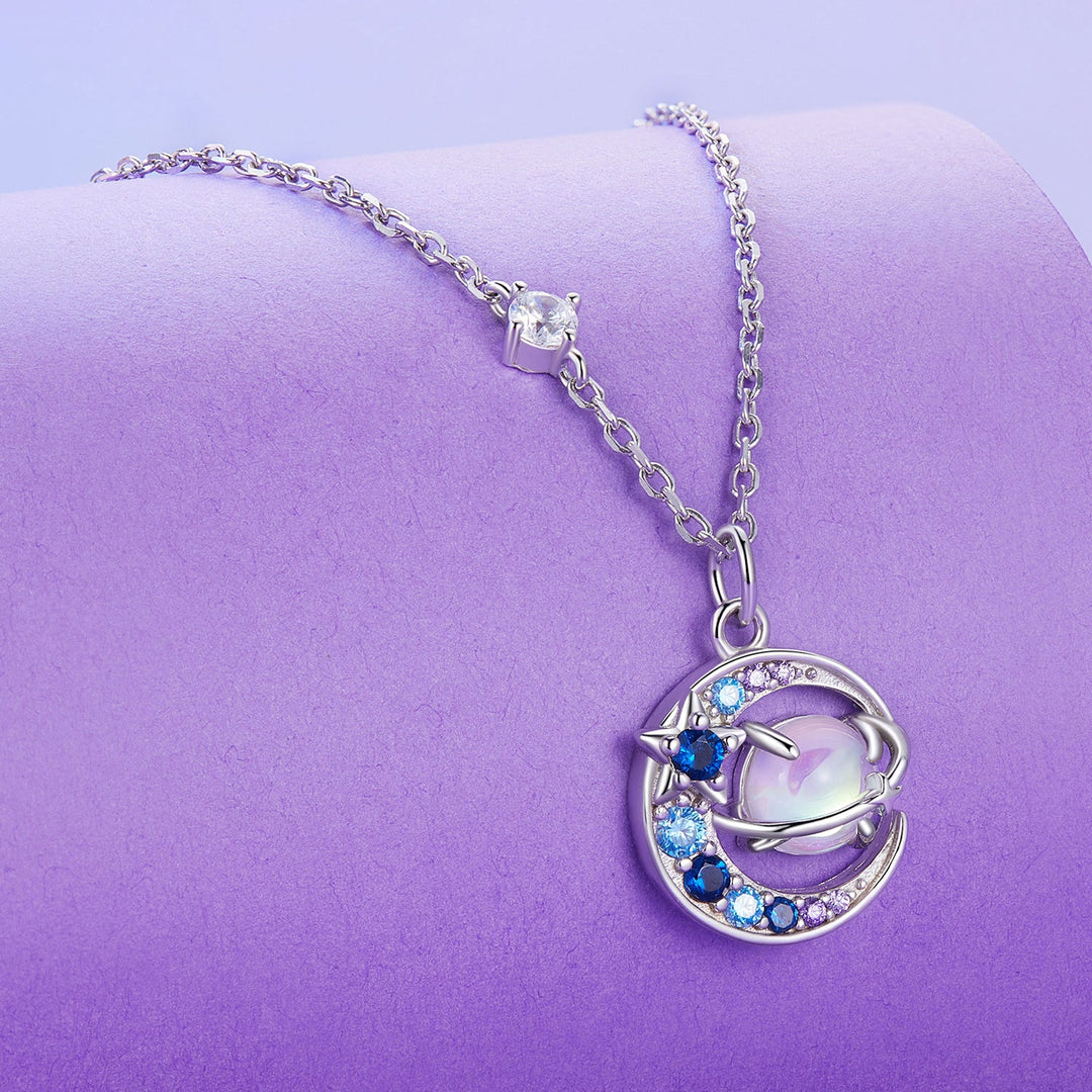 925 Sterling Silver Necklace with Pavé CZ &amp; Transparent Glass Pendant for Women