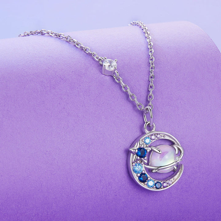 925 Sterling Silver Necklace with Pavé CZ &amp; Transparent Glass Pendant for Women
