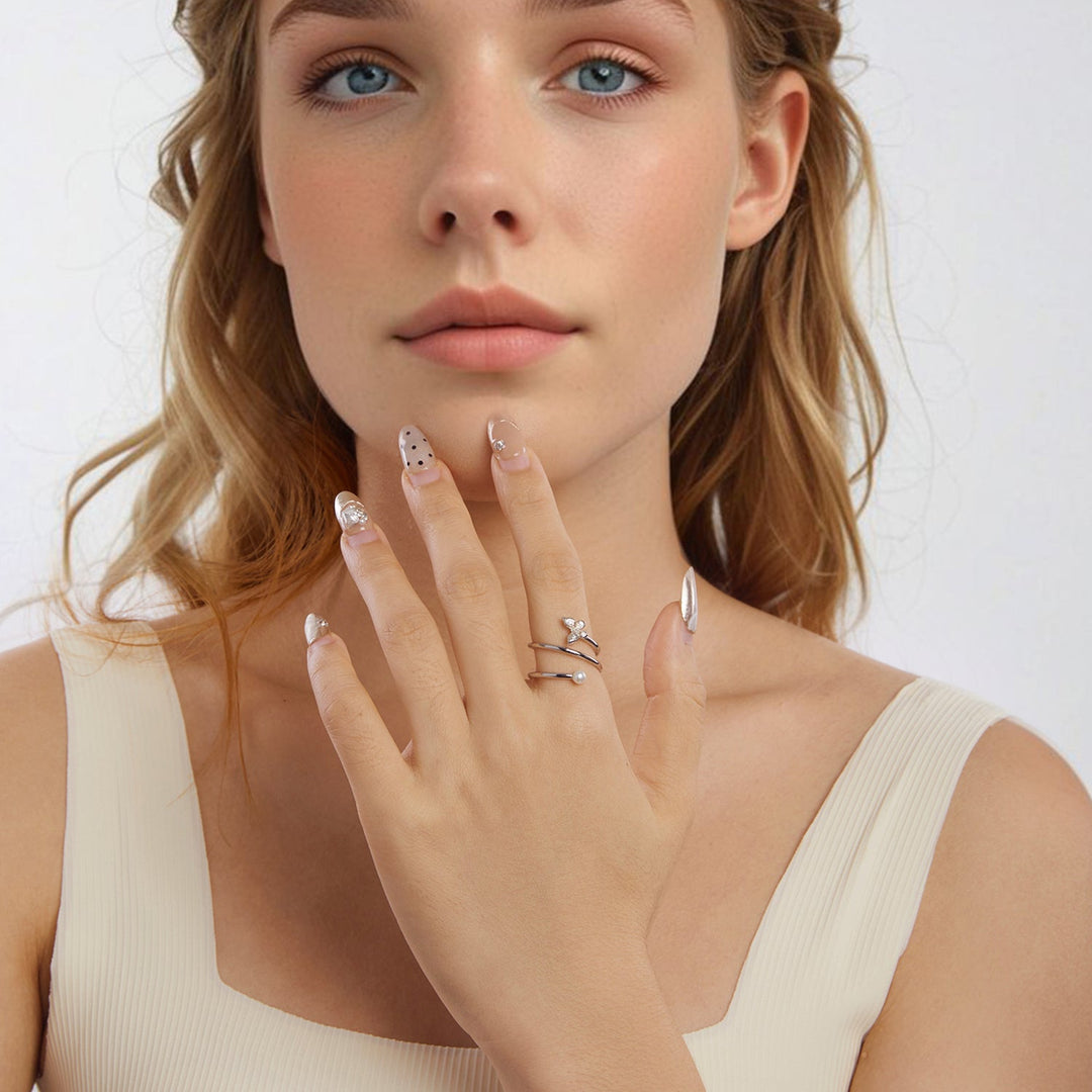 925 Sterling Silver &amp; White Gold Plated Pave Setting CZ &amp; Natural Pearl Ring for Women