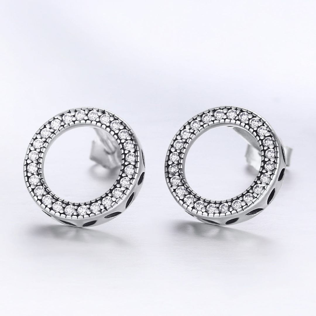 925 Sterling Silver Oxidized Pavé Setting CZ Earrings 1.1cm for Women