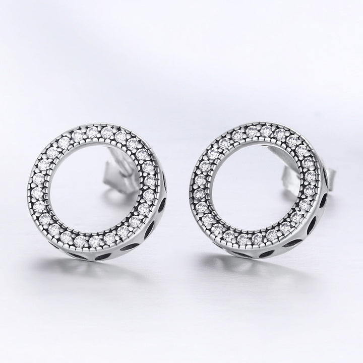 925 Sterling Silver Oxidized Pavé Setting CZ Earrings 1.1cm for Women