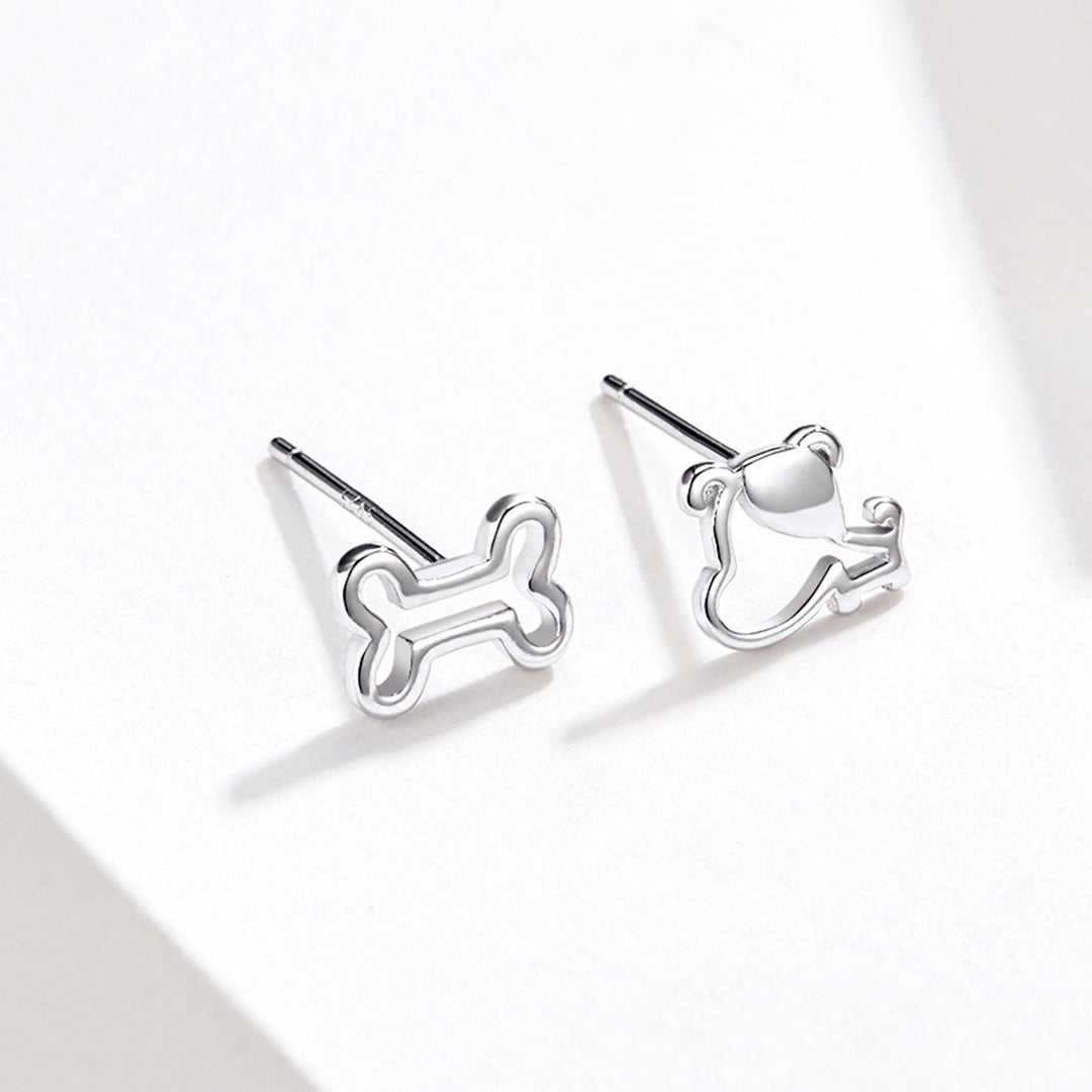 925 Sterling Silver Earrings for Women, 0.5-0.6cm, Bone and Dog Design, Platinum Plated