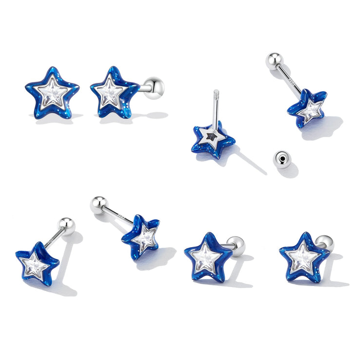 925 Sterling Silver Enamel CZ Stud Earrings in Platinum Plating