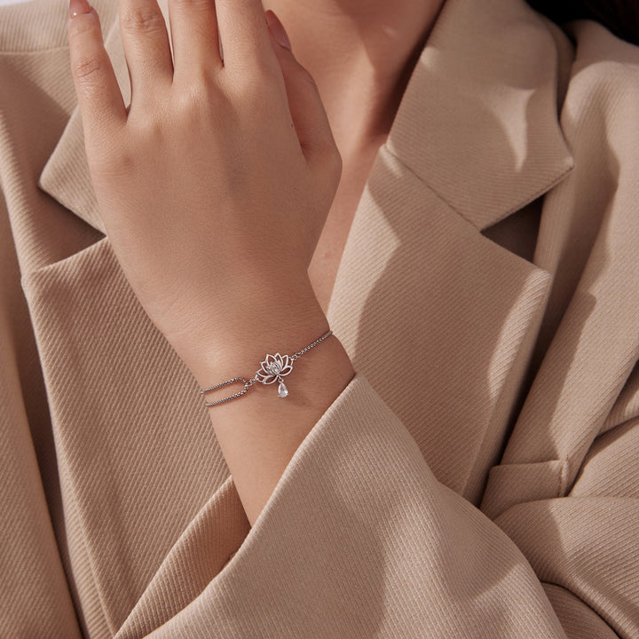 925 Sterling Silver Adjustable Chain Bracelet with White Gold Plating and CZ for Women