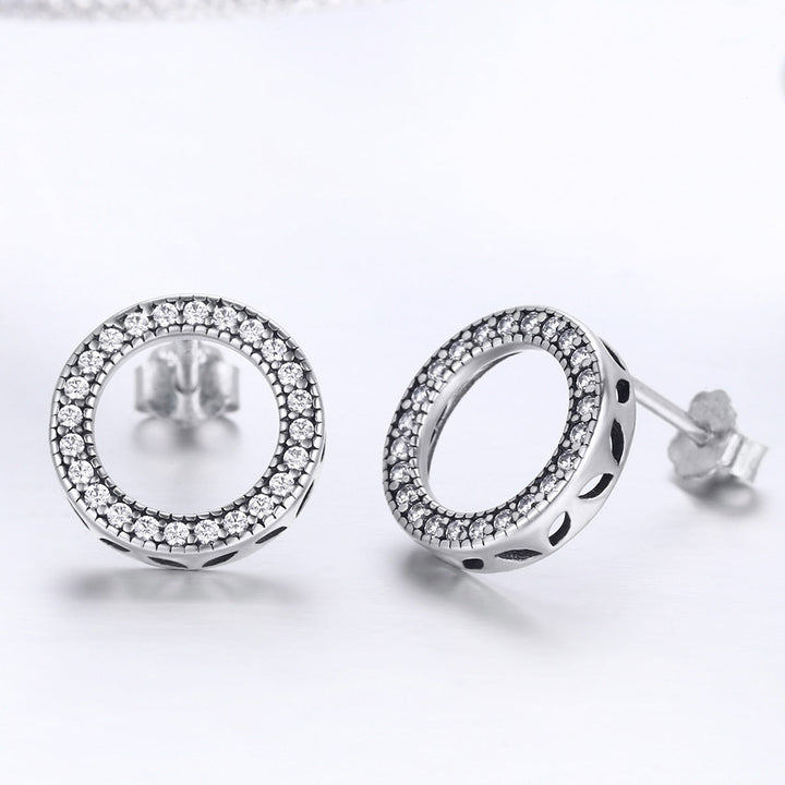 925 Sterling Silver Oxidized Pavé Setting CZ Earrings 1.1cm for Women