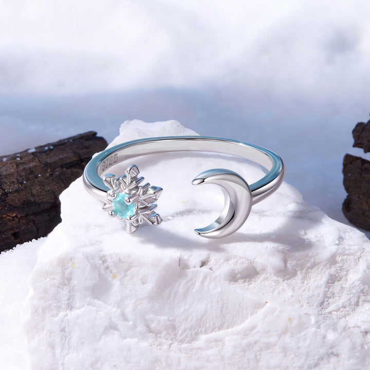 925 Sterling Silver Ring with Glass Snowflakes and Moon for Women