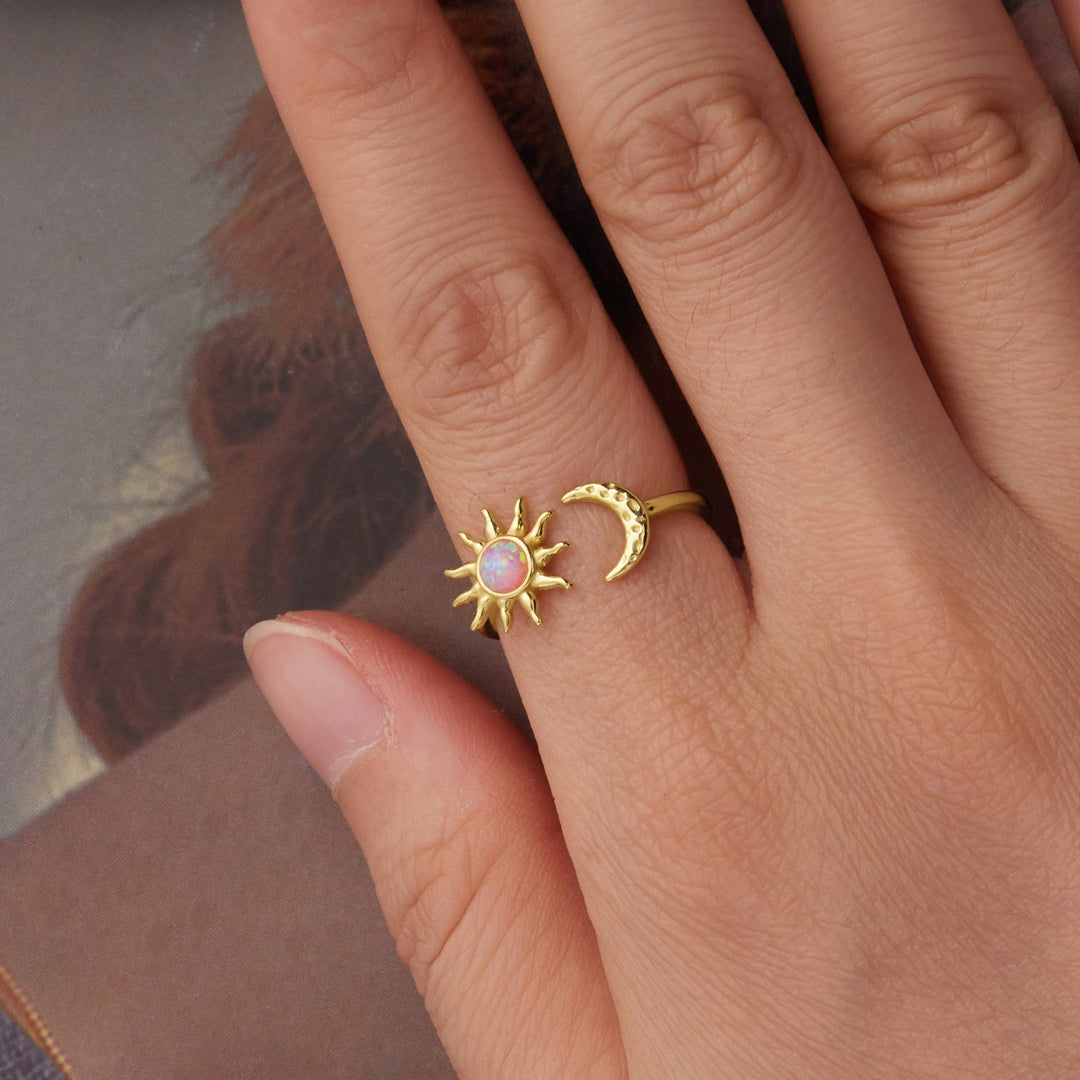 925 Sterling Silver Gold Plated Ring with Synthetic Opal Sun &amp; Moon for Women