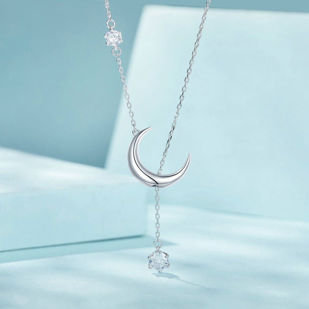 925 Sterling Silver Pavé Setting CZ Moon Necklace for Women