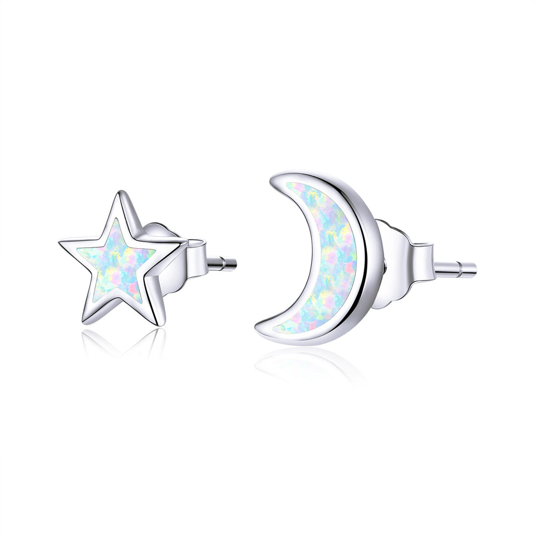 925 Sterling Silver Opal Earrings for Women - Star &amp; Moon Design
