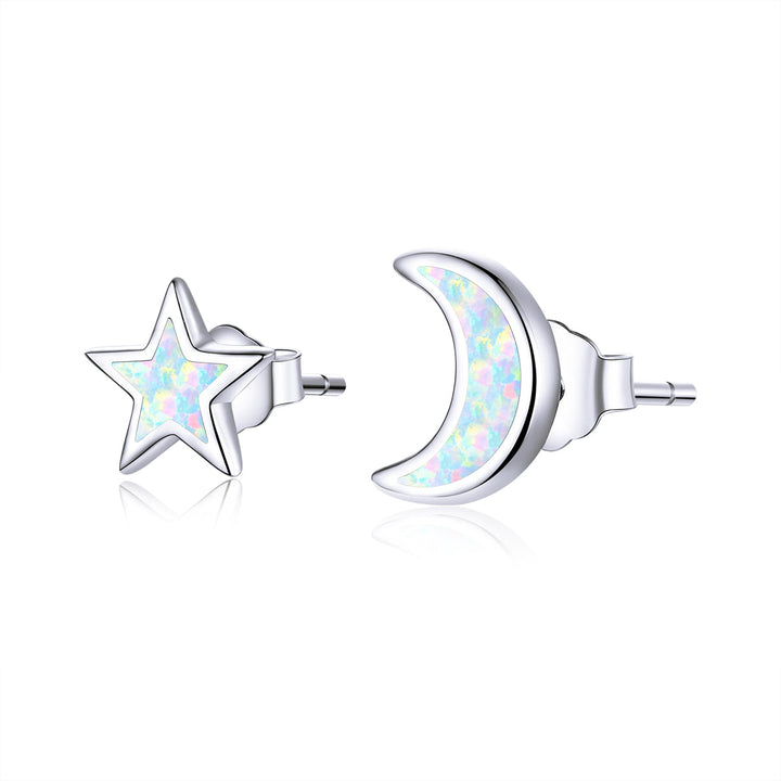 925 Sterling Silver Opal Earrings for Women - Star &amp; Moon Design