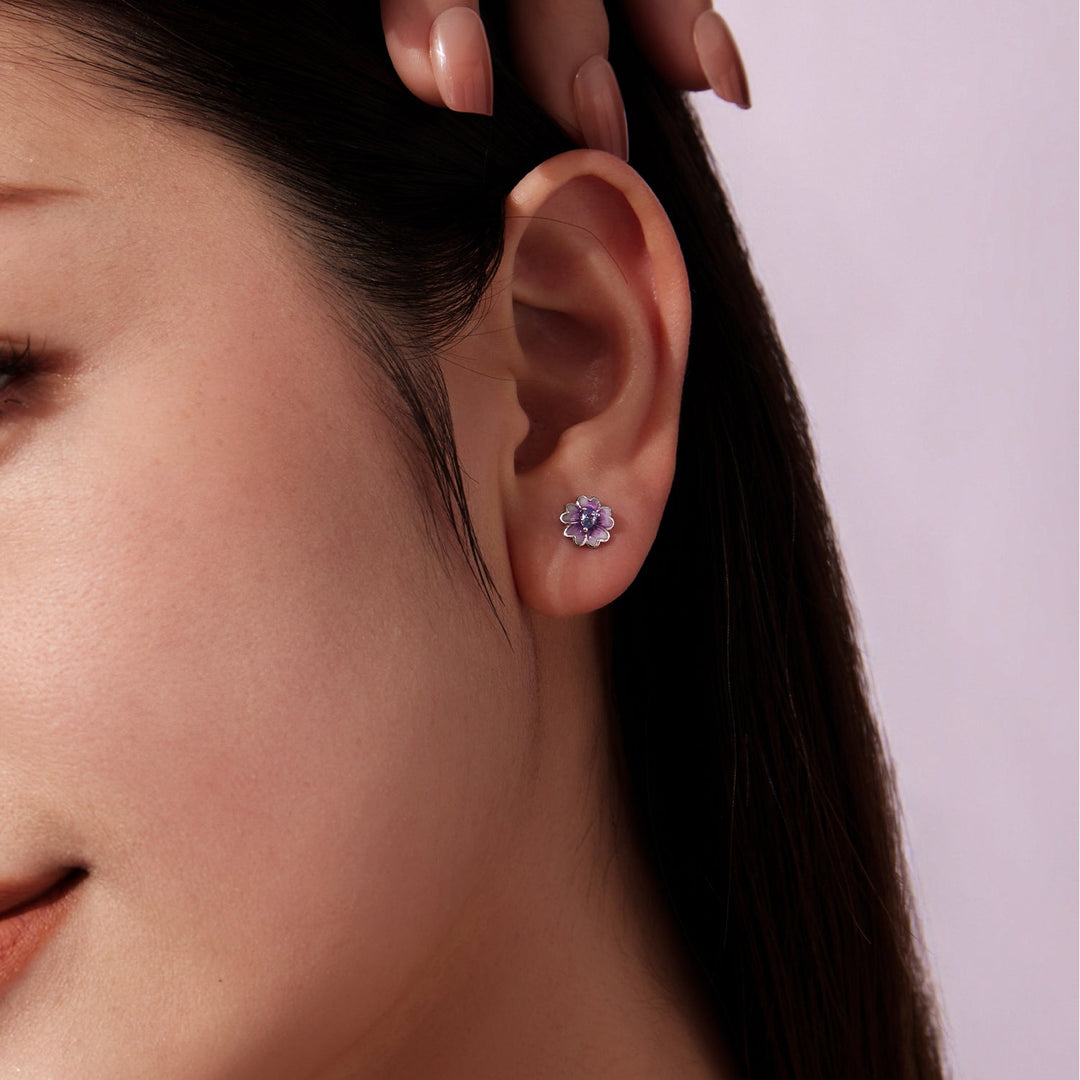 925 Sterling Silver Earrings with Pavé CZ and Enamel Process, 0.8cm, White Gold Plated for Women