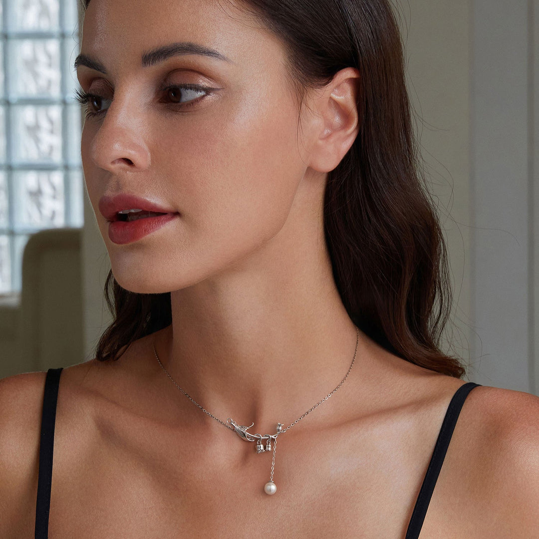 925 Sterling Silver Necklace with Quality Shell Pearl &amp; Platinum Plating, 380mm Length for Women