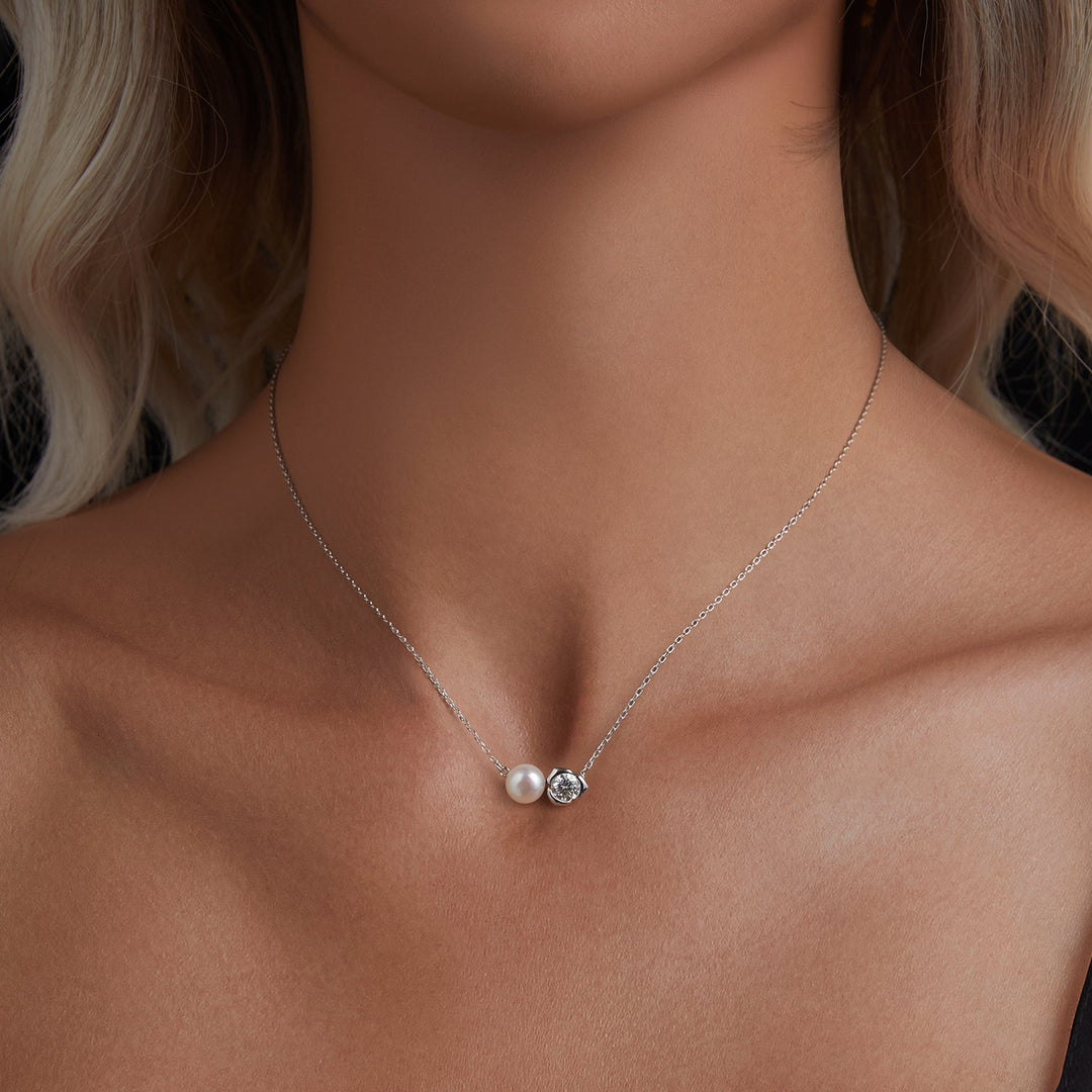 925 Sterling Silver Moissanite &amp; Freshwater Pearl White Gold Necklace 45cm for Women