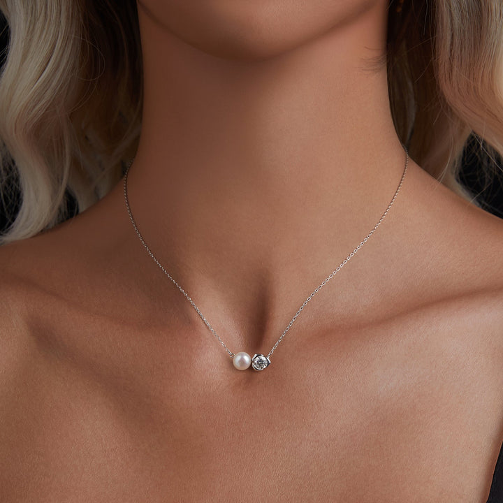 925 Sterling Silver Moissanite &amp; Freshwater Pearl White Gold Necklace 45cm for Women