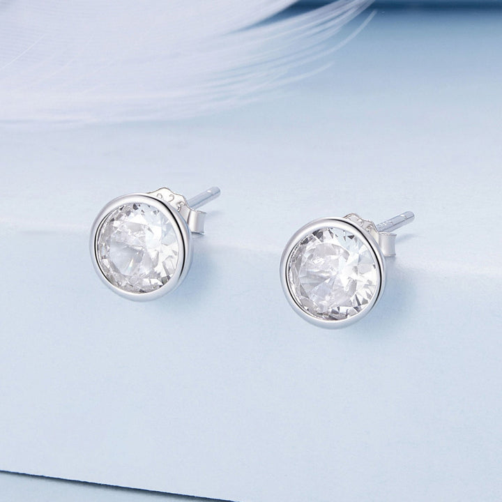 925 Sterling Silver Earrings with Pavé Setting CZ, 7mm, Plated Platinum for Women