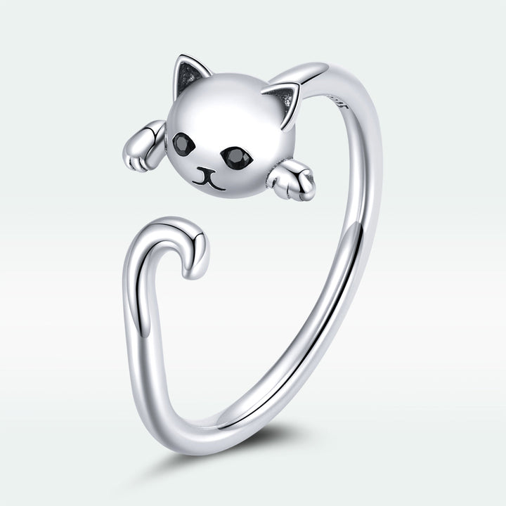 925 Sterling Silver Oxidized Cat Ring with CZ for Women, 0.6x1cm