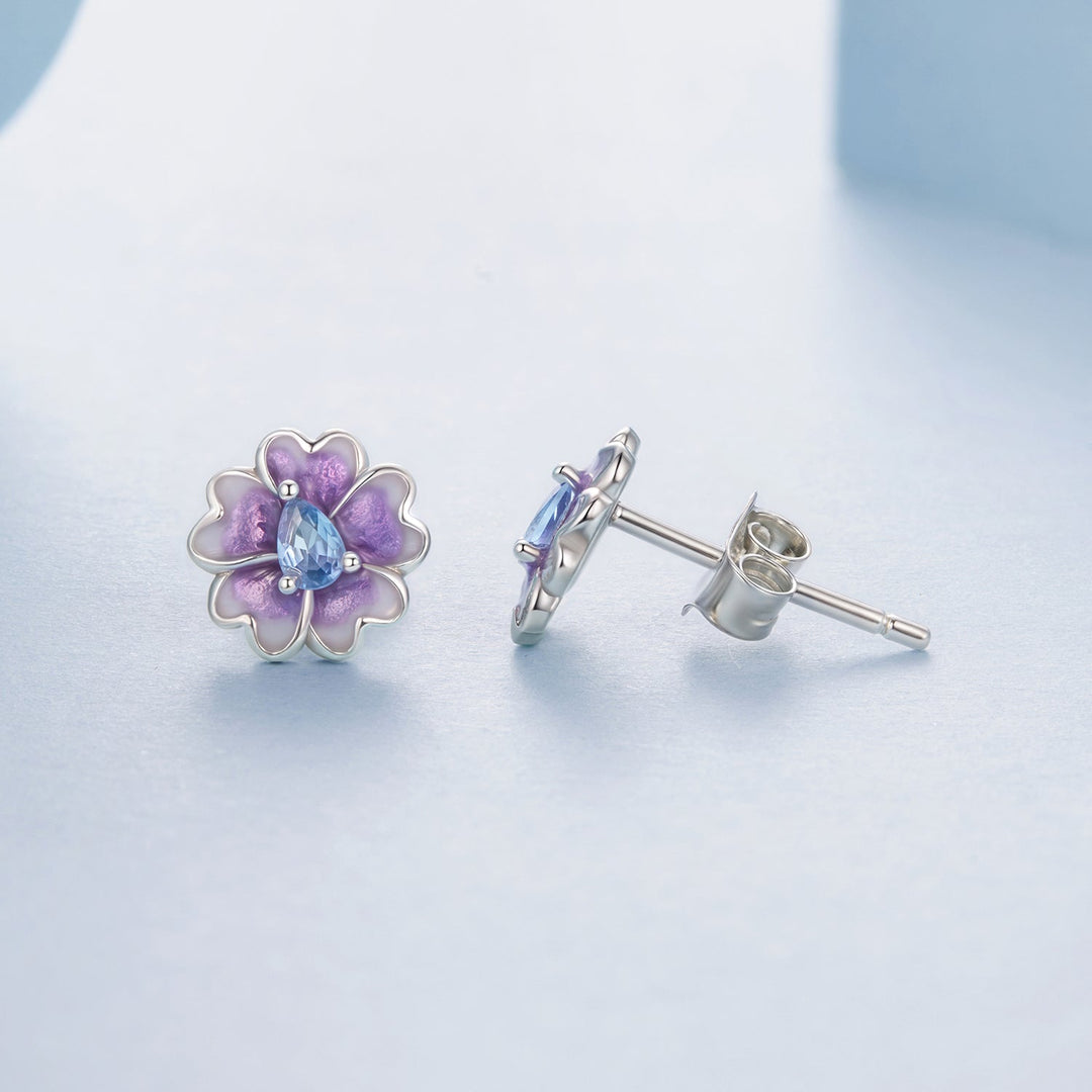 925 Sterling Silver Earrings with Pavé CZ and Enamel Process, 0.8cm, White Gold Plated for Women