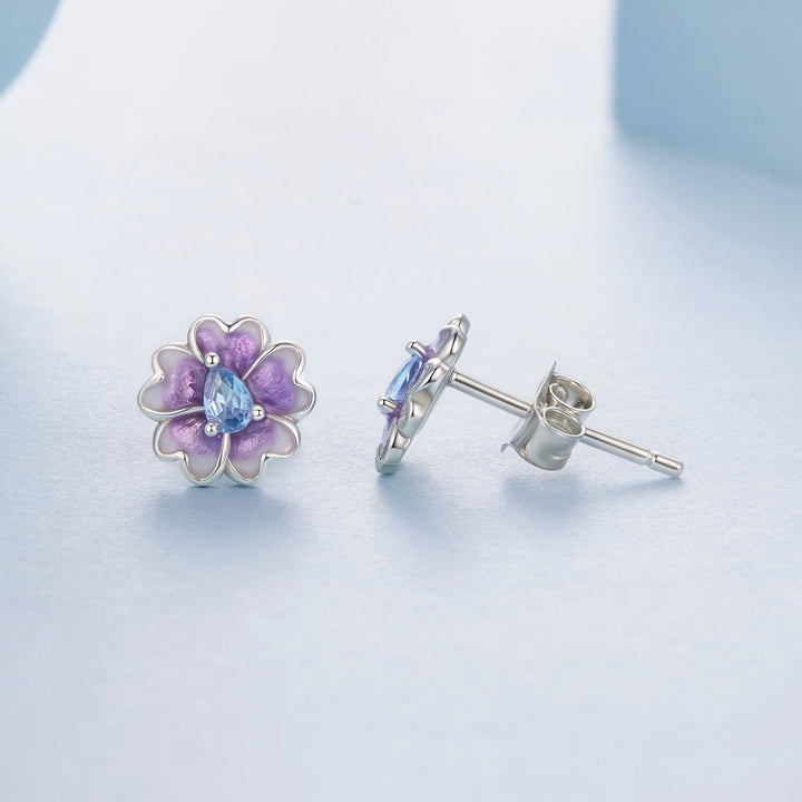 925 Sterling Silver Earrings with Pavé CZ and Enamel Process, 0.8cm, White Gold Plated for Women