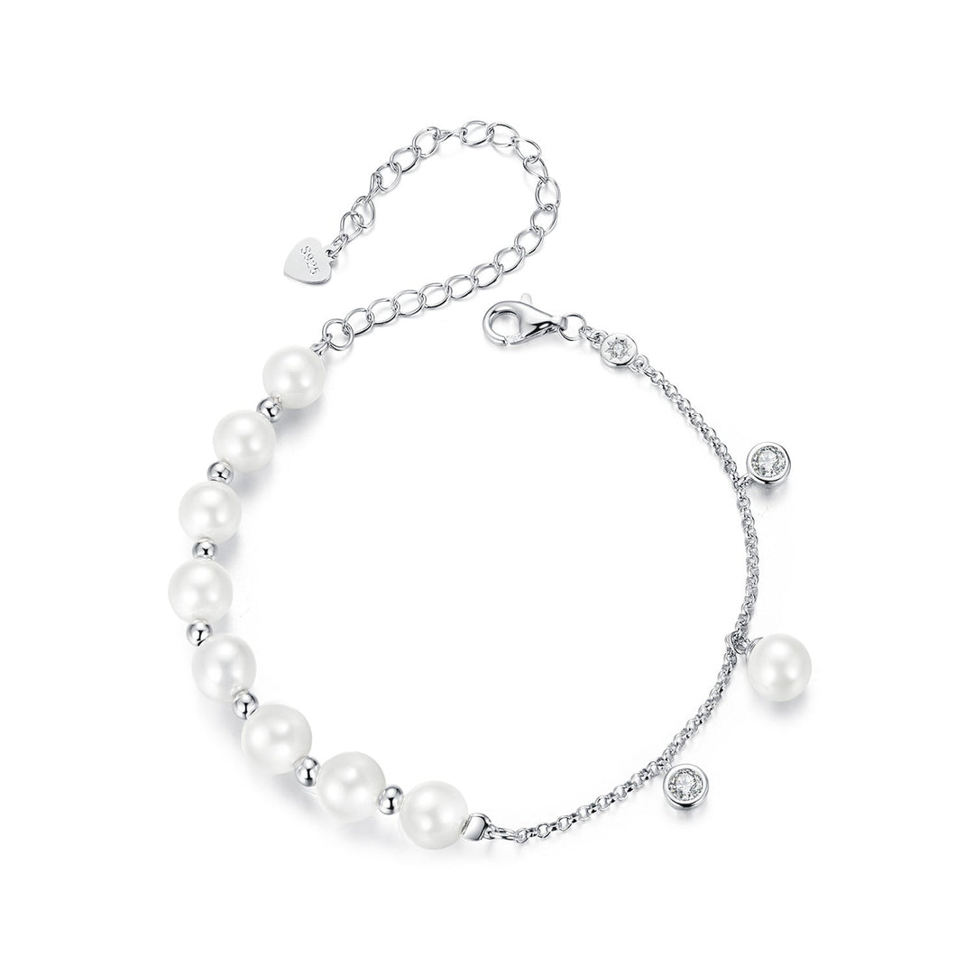 925 Sterling Silver 15+6cm White Gold Plated Bracelet with Quality Shell Pearl &amp; CZ for Women