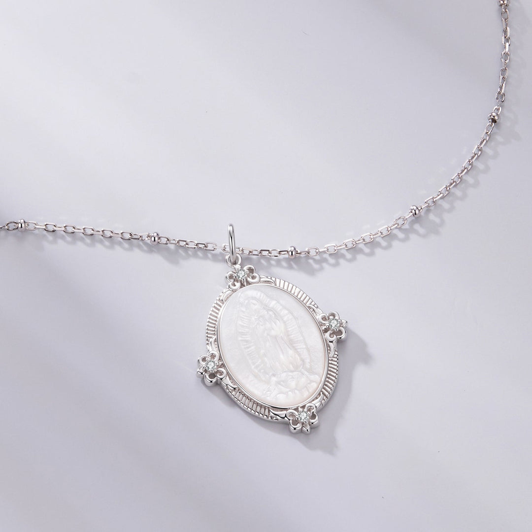 925 Sterling Silver Necklace with White Gold Plating, 40+5cm Length, CZ &amp; Mother of Pearl Pendant for Women