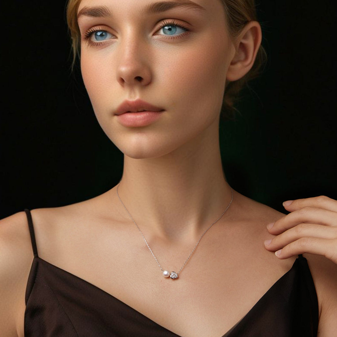 925 Sterling Silver Moissanite &amp; Freshwater Pearl White Gold Necklace 45cm for Women