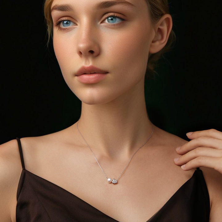 925 Sterling Silver Moissanite &amp; Freshwater Pearl White Gold Necklace 45cm for Women