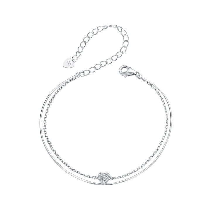925 Sterling Silver White Gold Plated Heart-Shaped Bracelet with CZ, Length 150+60mm