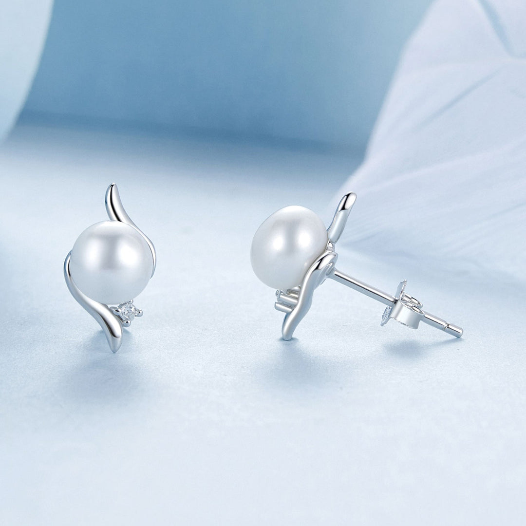 925 Sterling Silver Natural Pearl &amp; CZ Earrings Plated in Platinum