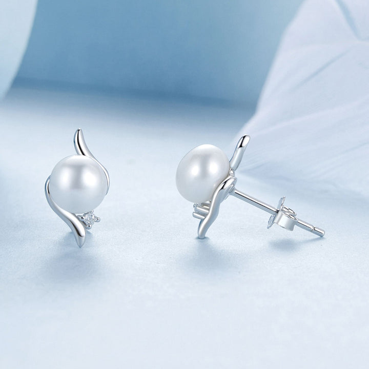 925 Sterling Silver Natural Pearl &amp; CZ Earrings Plated in Platinum