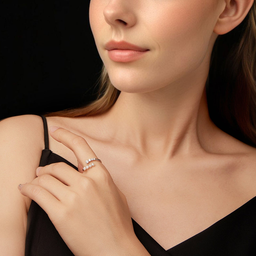 925 Sterling Silver Moissanite &amp; Freshwater Pearl Ring, White Gold Plated, Size E for Women