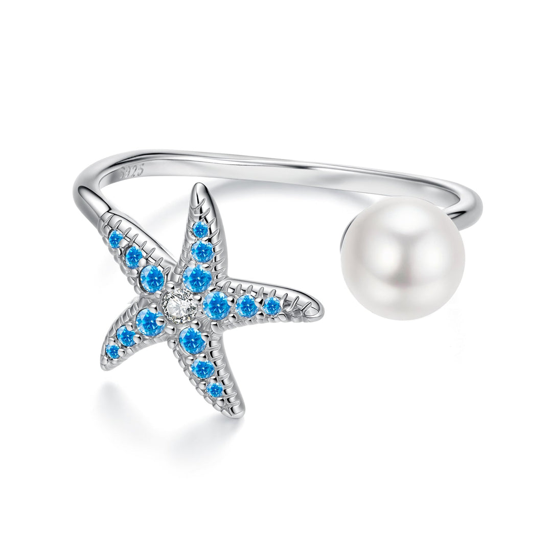 925 Sterling Silver White Gold Plated Quality Shell Pearl Starfish Ring for Women