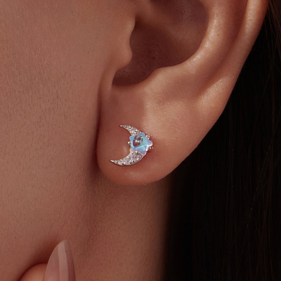 925 Sterling Silver White Gold Plated Moonstone &amp; CZ Earrings