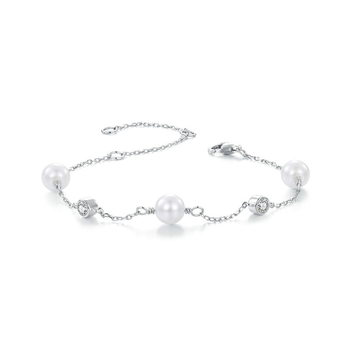 925 Sterling Silver 3mm Moissanite &amp; Shell Pearl Bracelet for Women