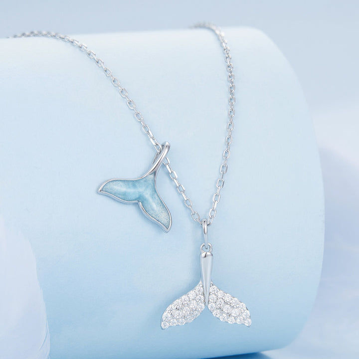 925 Sterling Silver Necklace with CZ &amp; Enamel - 40+5cm Length, Fishtail Design for Women