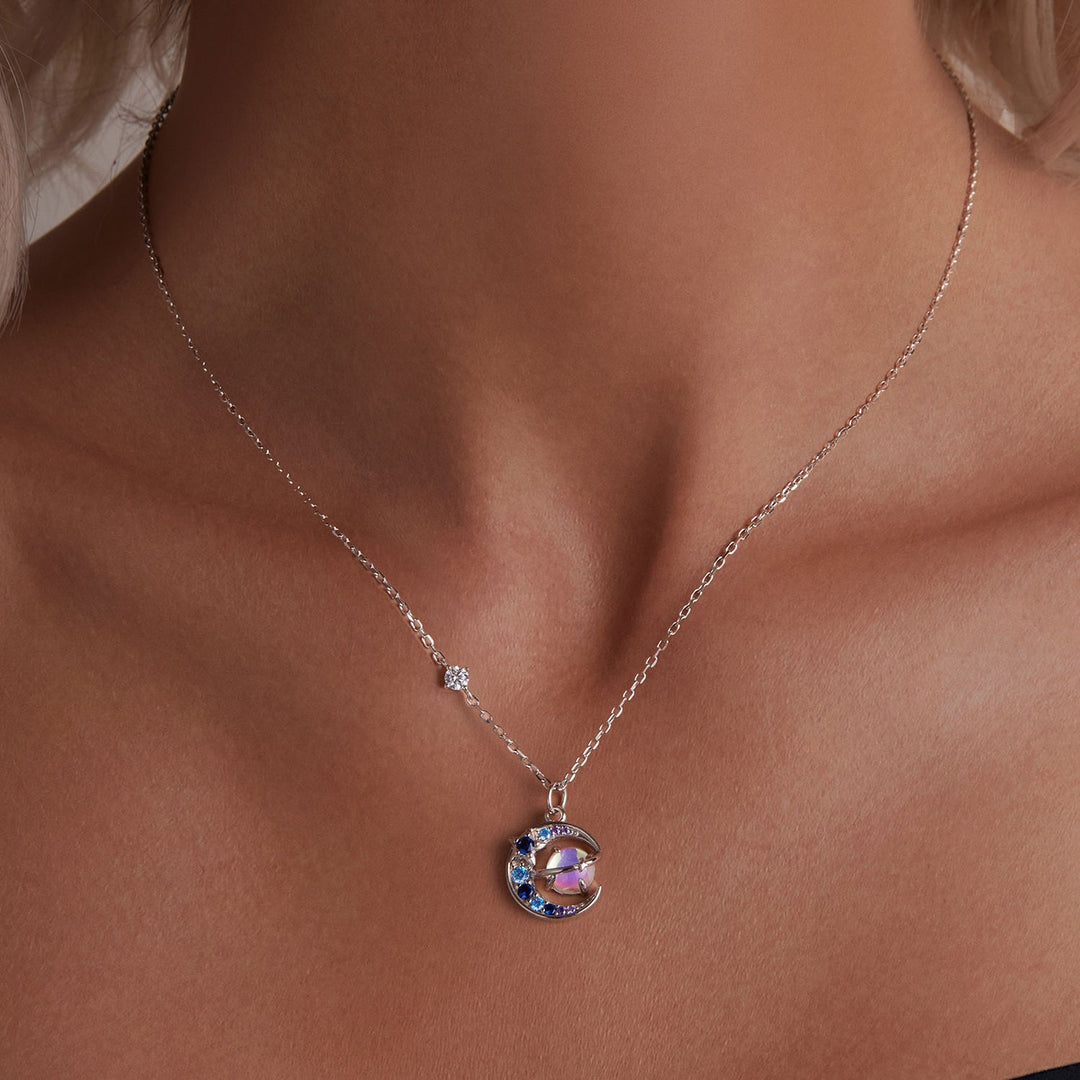 925 Sterling Silver Necklace with Pavé CZ &amp; Transparent Glass Pendant for Women