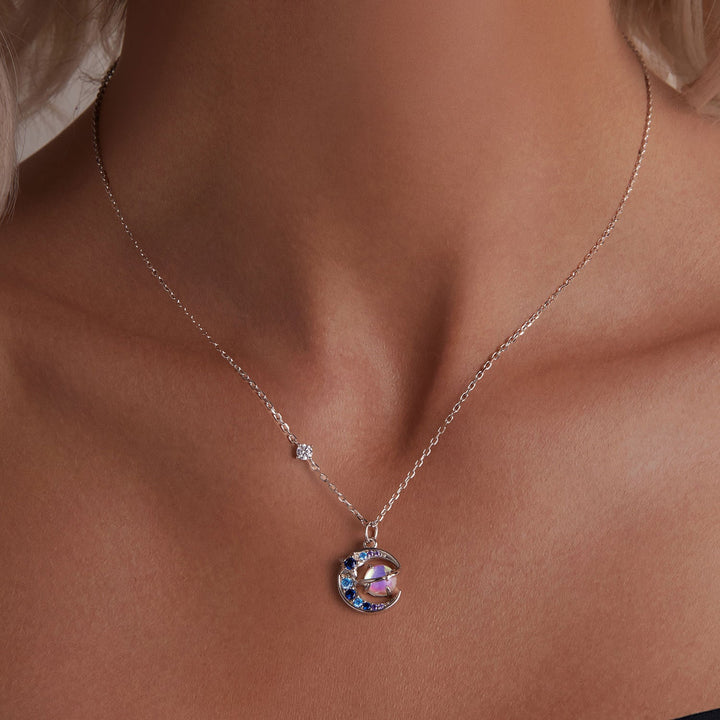 925 Sterling Silver Necklace with Pavé CZ &amp; Transparent Glass Pendant for Women