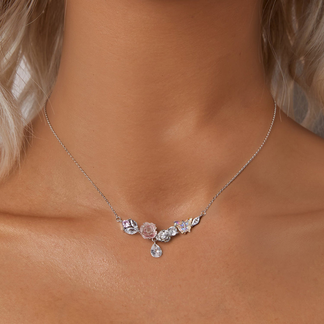 925 Sterling Silver Necklace with CZ &amp; Resin Pendant, 18x39mm, Plated with White Gold