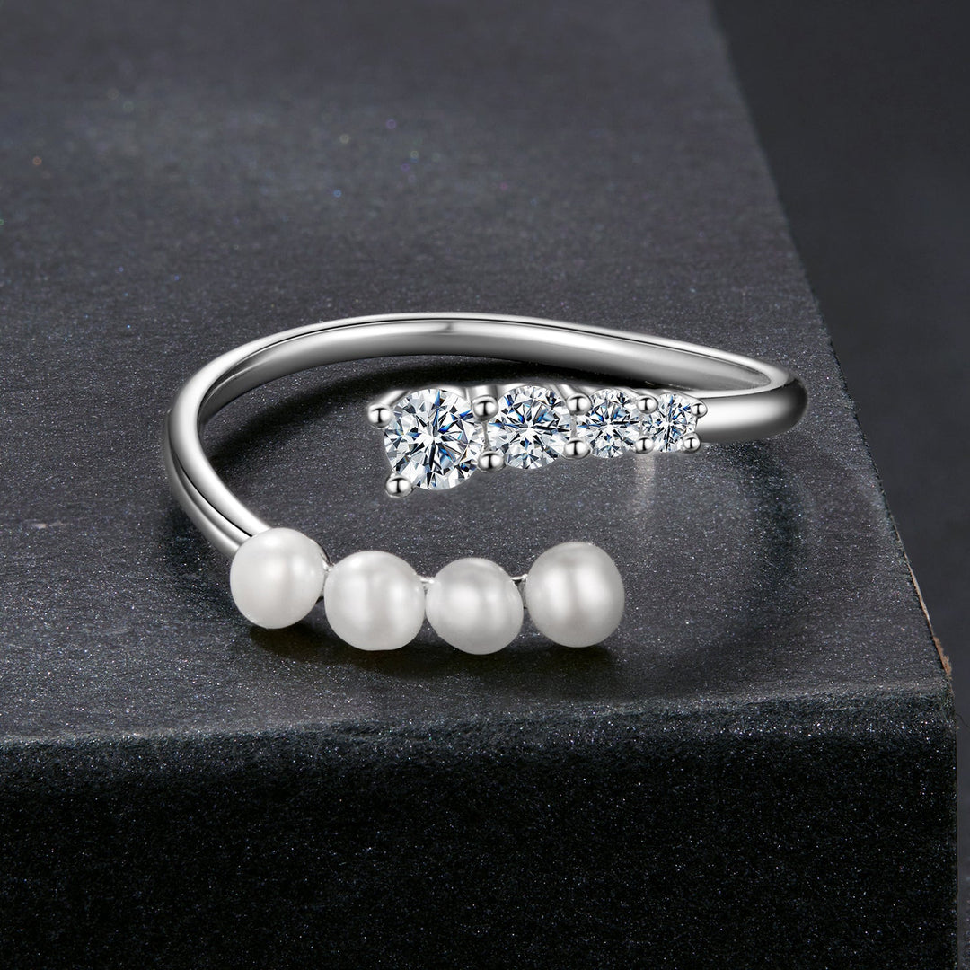 925 Sterling Silver Moissanite &amp; Freshwater Pearl Ring, White Gold Plated, Size E for Women
