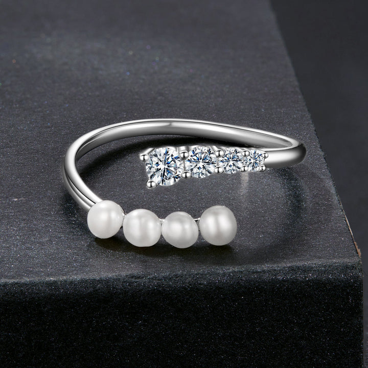 925 Sterling Silver Moissanite &amp; Freshwater Pearl Ring, White Gold Plated, Size E for Women