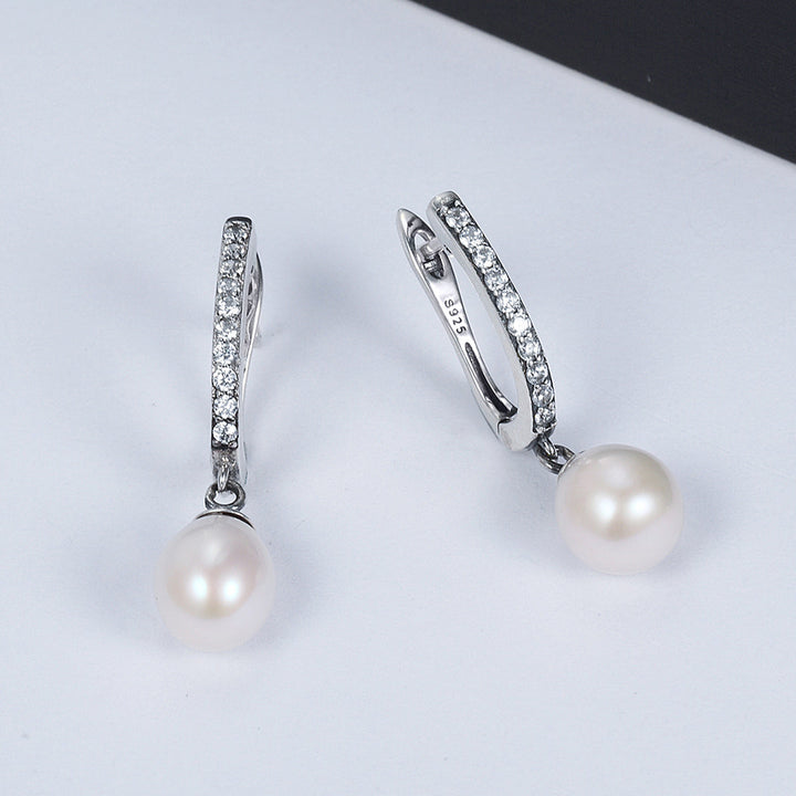 925 Sterling Silver Freshwater Pearl Earrings with Pavé Setting CZ for Women
