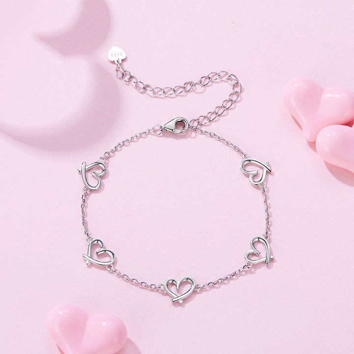 925 Sterling Silver 15+6cm 0.8cm Heart White Gold Plated Bracelet for Women
