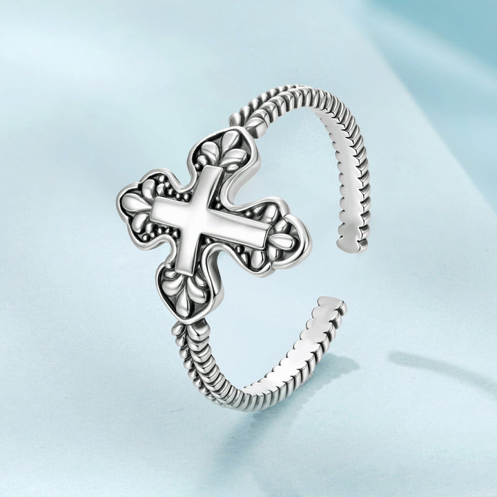 925 Sterling Silver Oxidized Silver 0.18cm Crucifix Adjustable Ring for Women